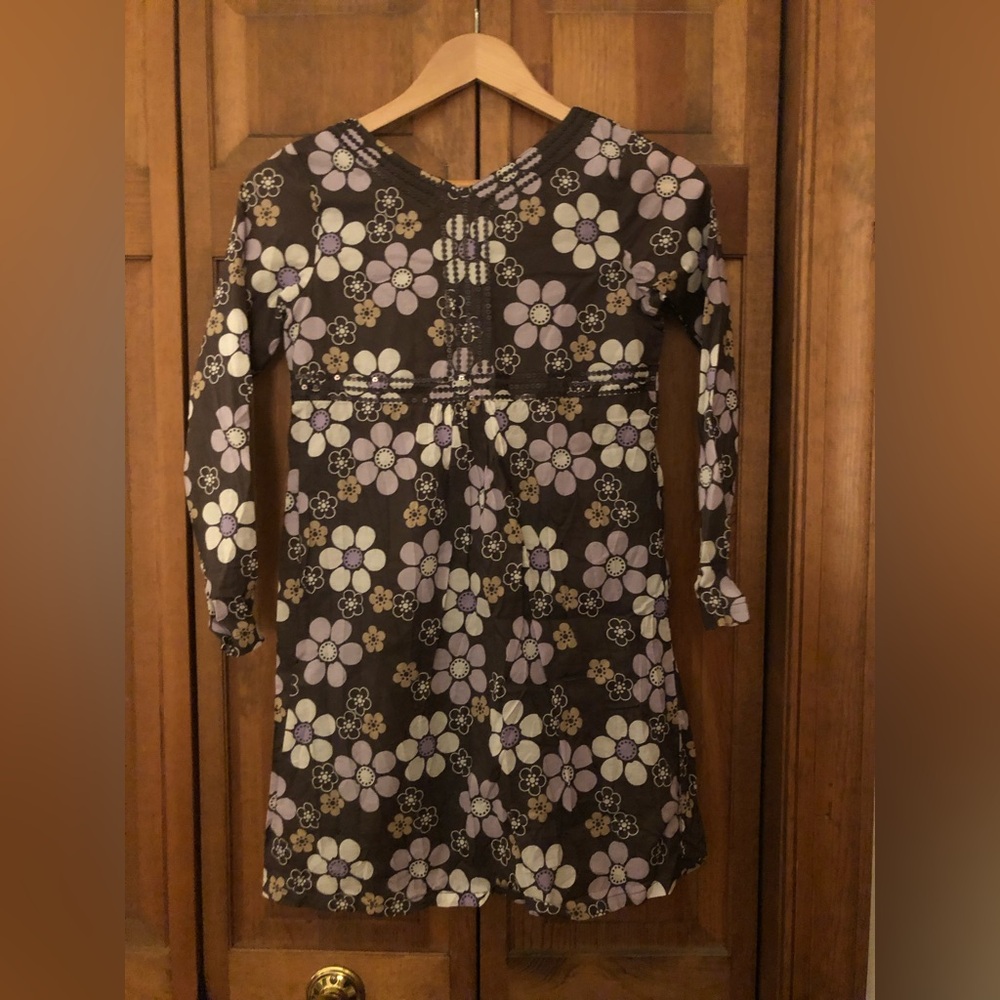 Gymboree Girl’s Sz 12 Brown Purple White Long Sleeve Floral Cotton Spring Dress